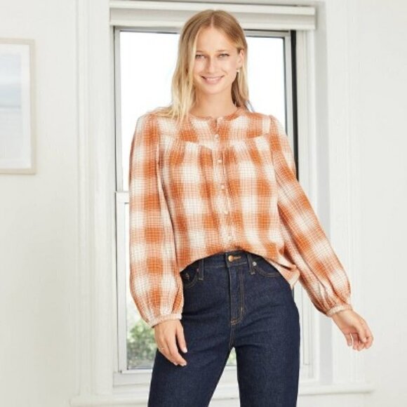 Plaid Puff Long Sleeve Button-Front Blouse - Picture 1 of 4
